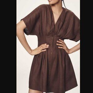 New XS Exquise x Anthropologie The Tobie linen pleated mini shirt dress in brown